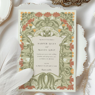 Convite Casamento Art Nouveau Floral em Tons Terrosos Quen