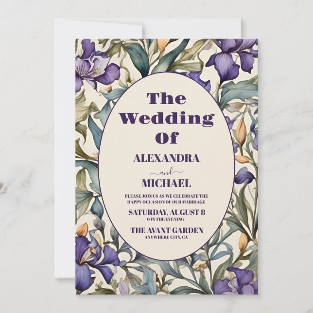 Convite Casamento Art Nouveau Íris Roxa (Frente)