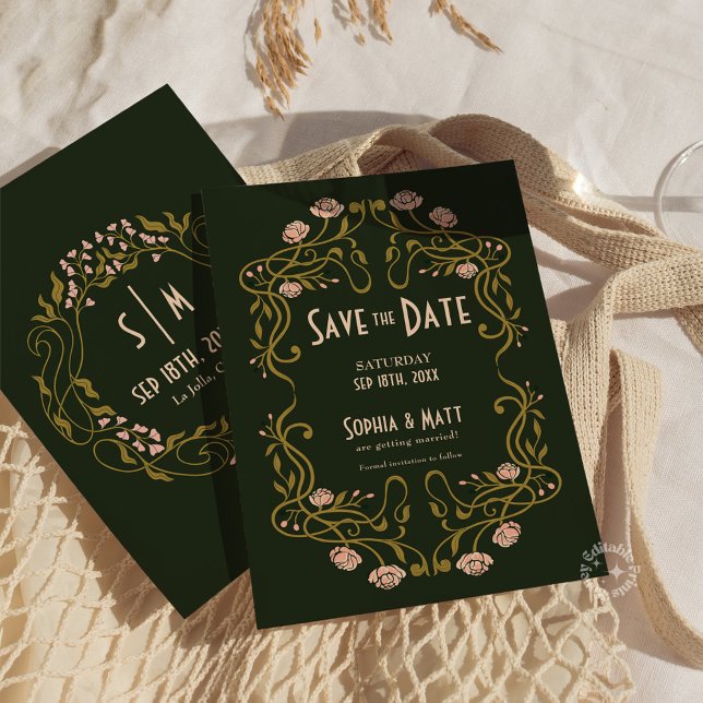 Convite Casamento Art Nouveau Verde Salve a Data (art nouveau wedding, green save the date, art nouveau invitation, vintage wedding invite, elegant sa)