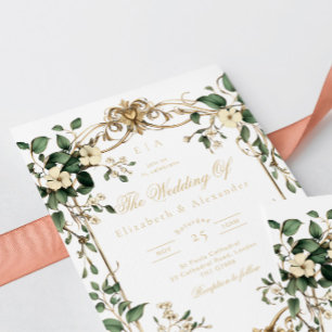 Convite Casamento Art Nouveau Vintage Floral Verde e doura