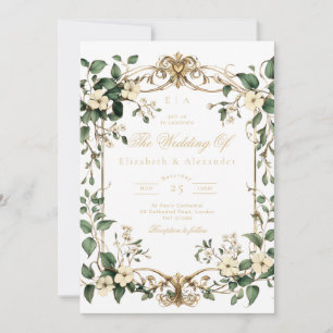 Convite Casamento Art Nouveau Vintage Floral Verde e doura