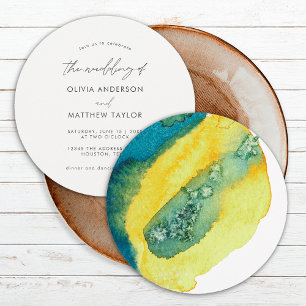 Convite Casamento Arte Água e Tinta Azul Amarelo Chic e El