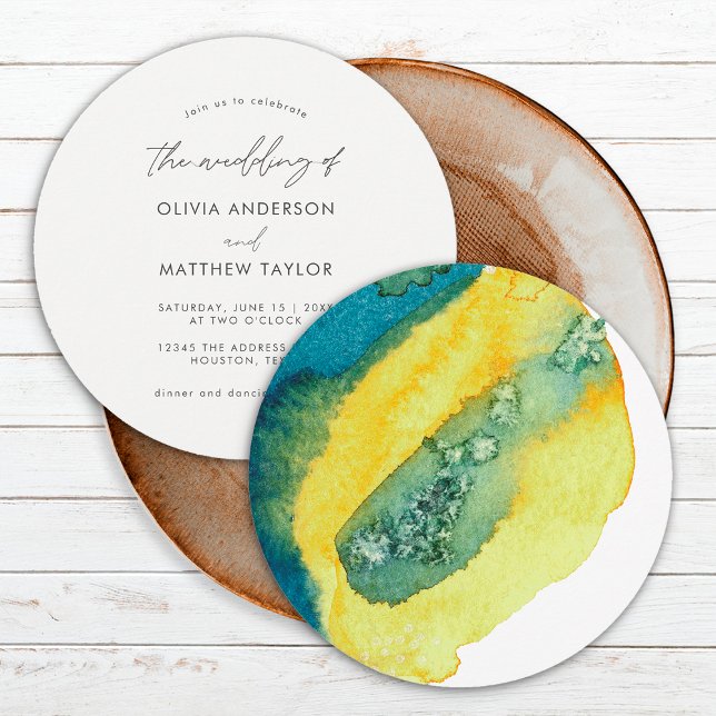 Convite Casamento Arte Água e Tinta Azul Amarelo Chic e El (Front/Back)