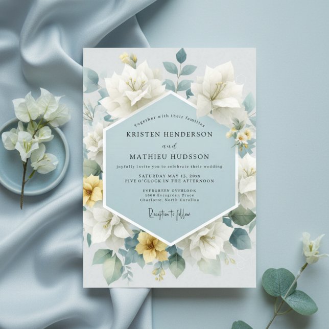Convite Casamento Arte Floral Azul Claro (Criador carregado)