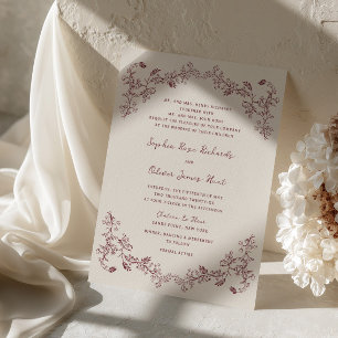 Convite Casamento Arte Linha Floral Vinho Vintage Rústico
