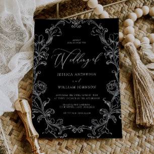Convite Casamento Arte Linha Preto e Branco Rococó Vintage