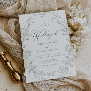 Convite Casamento Arte Linha Sage Rococó Vintage