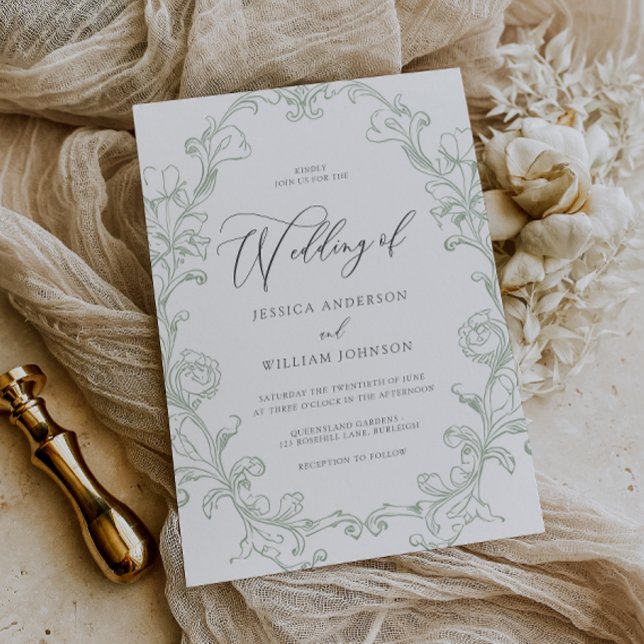 Convite Casamento Arte Linha Sage Rococó Vintage (Criador carregado)
