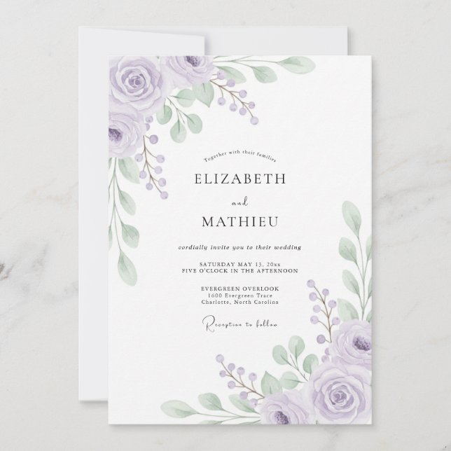 Convite Casamento Artesanal com Folhas de Violeta Pálido (Frente)