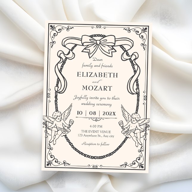 Convite Casamento artístico barroco cinza vintage  (Criador carregado)