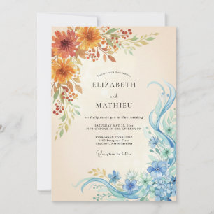 Convite Casamento Artístico com Aquarela Âmbar Turquesa