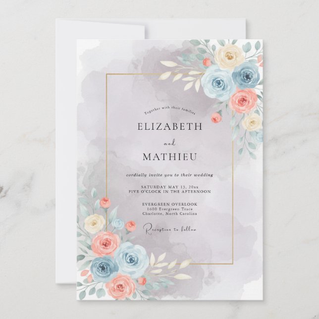 Convite Casamento Artístico com Aquarela Azul Claro (Frente)