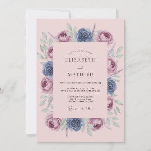 Convite Casamento Artístico com Flor de Azul Desbotado