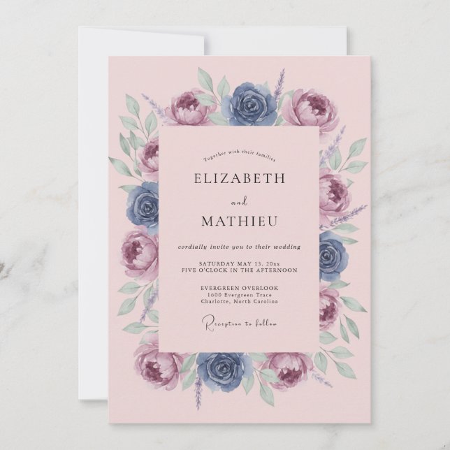 Convite Casamento Artístico com Flor de Azul Desbotado (Frente)
