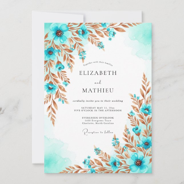 Convite Casamento Artístico Costeiro em Aqua Bronze (Frente)
