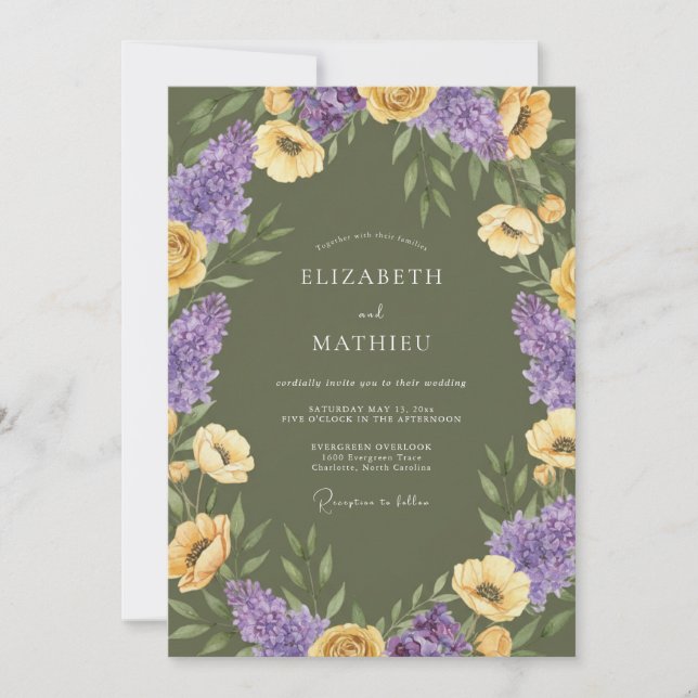 Convite Casamento Artístico de Flores Silvestres em Verde  (Frente)