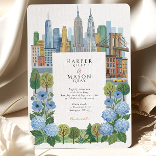 Convite Casamento Artístico de Hortênsia Azul-ardósia com 