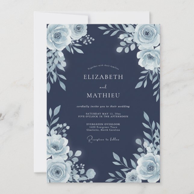 Convite Casamento Artístico de Inverno Azul-Marinho (Frente)