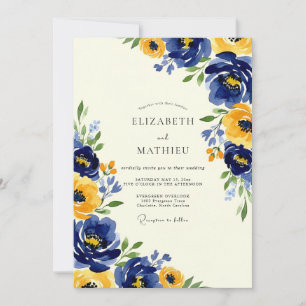 Convite Casamento Artístico de Primavera Amarelo Marinho
