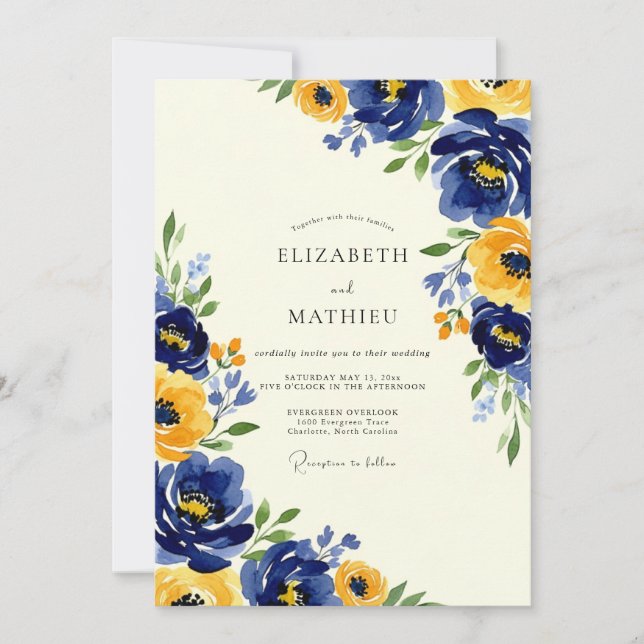 Convite Casamento Artístico de Primavera Amarelo Marinho (Frente)