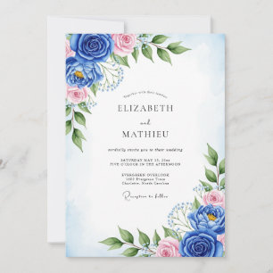 Convite Casamento Artístico de Primavera Azul Cobalto