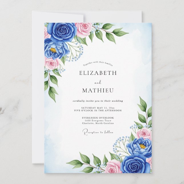 Convite Casamento Artístico de Primavera Azul Cobalto (Frente)