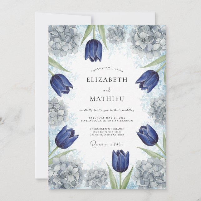 Convite Casamento Artístico de Primavera Azul-Marinho (Frente)