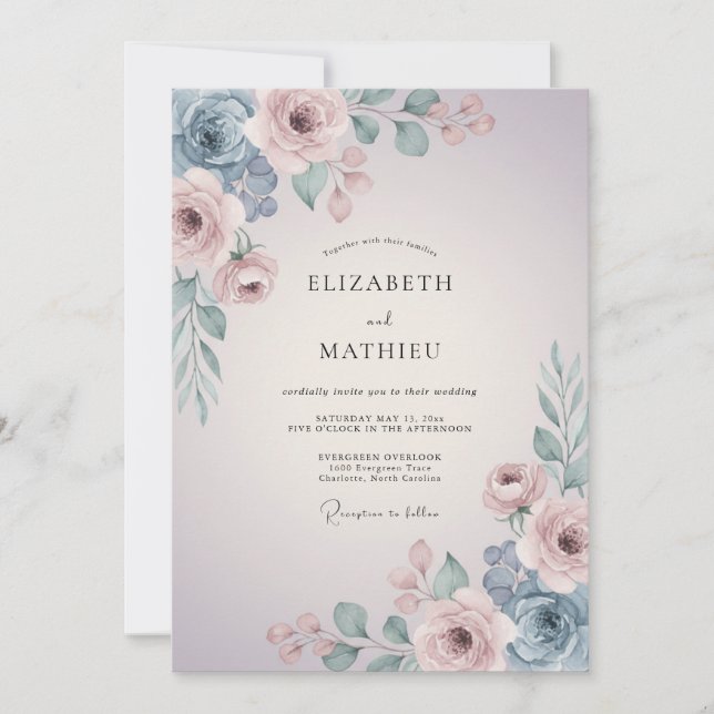 Convite Casamento Artístico de Primavera com Bege Rosado (Frente)