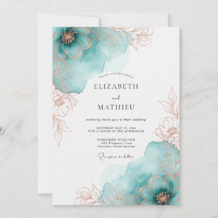 Convite Casamento Artístico de Primavera com Rosa Azul e D