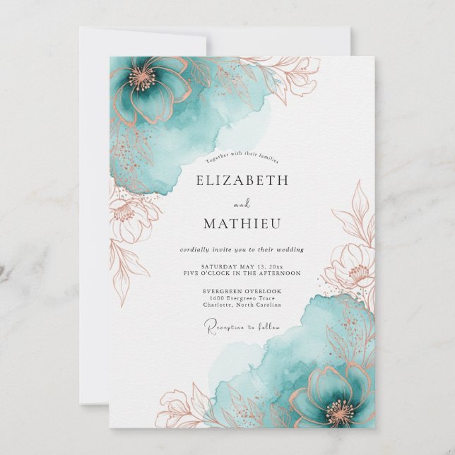 Convite Casamento Artístico de Primavera com Rosa Azul e D (Frente)