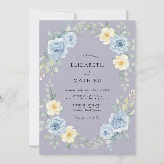 Convite Casamento Artístico de Primavera em Azul-Pervinca (Frente)