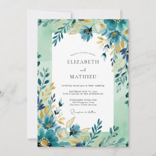 Convite Casamento Artístico de Primavera em Ocre Azul-Verd