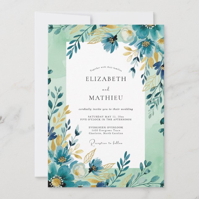 Convite Casamento Artístico de Primavera em Ocre Azul-Verd (Frente)