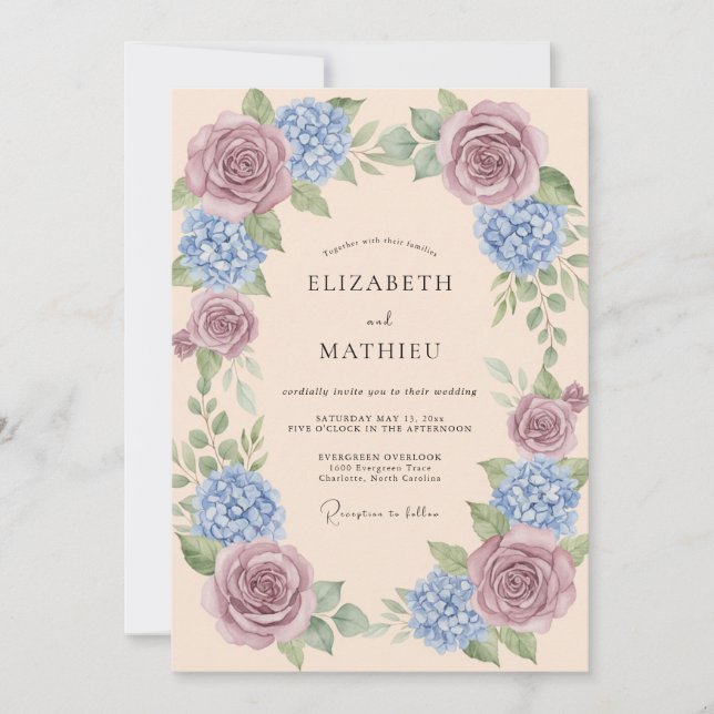 Convite Casamento Artístico de Primavera em Tons de Malva  (Frente)
