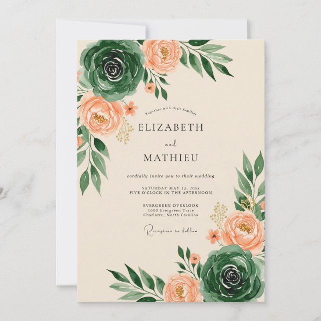 Convite Casamento Artístico de Primavera em Verde Esmerald (Frente)
