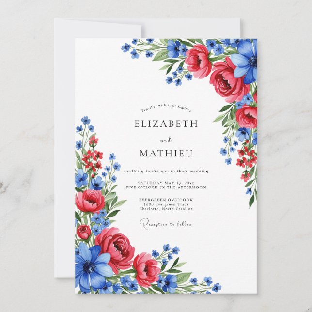 Convite Casamento Artístico de Verão Azul Carmesim (Frente)