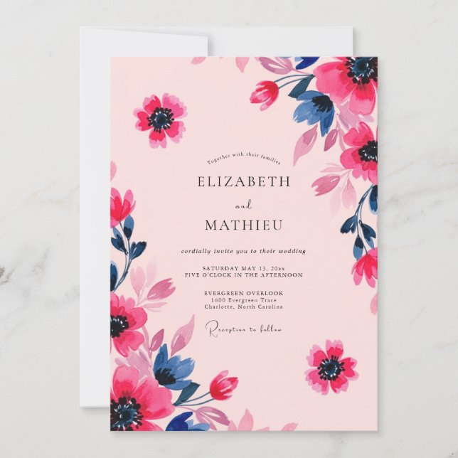 Convite Casamento Artístico de Verão Rosa e Azul Marinho (Frente)