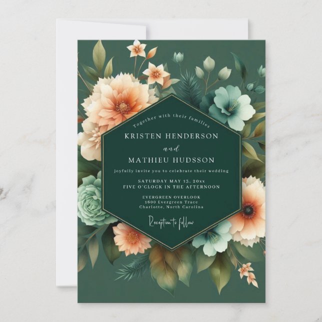Convite Casamento Artístico Esmeralda Damasco (Frente)