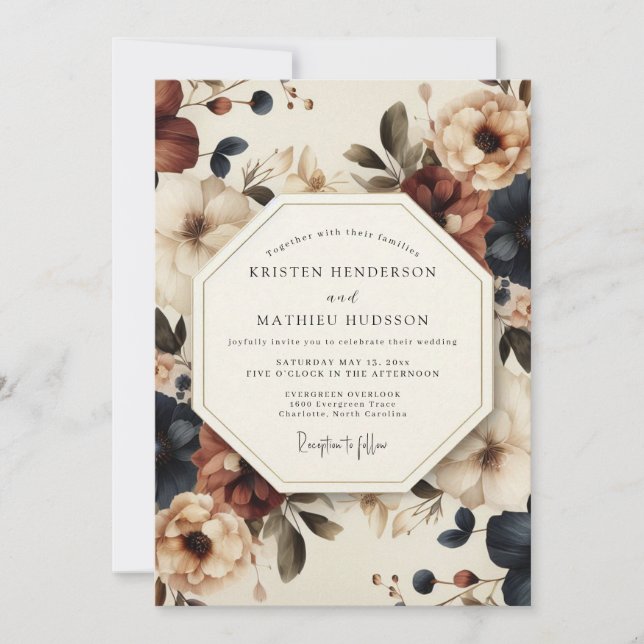 Convite Casamento Artístico Flor de Borgonha Índigo (Frente)