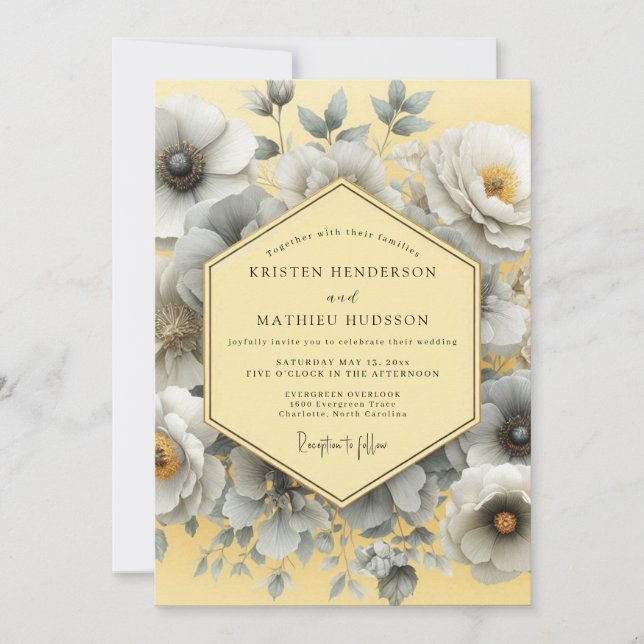Convite Casamento Artístico Flor de Cinza Canário (Frente)