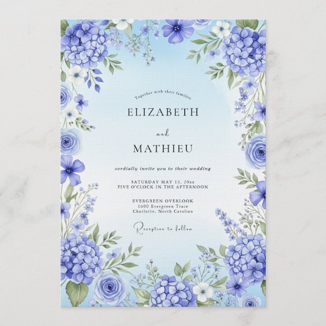 Convite Casamento Artístico Flor de Hortênsia Azul (Frente)