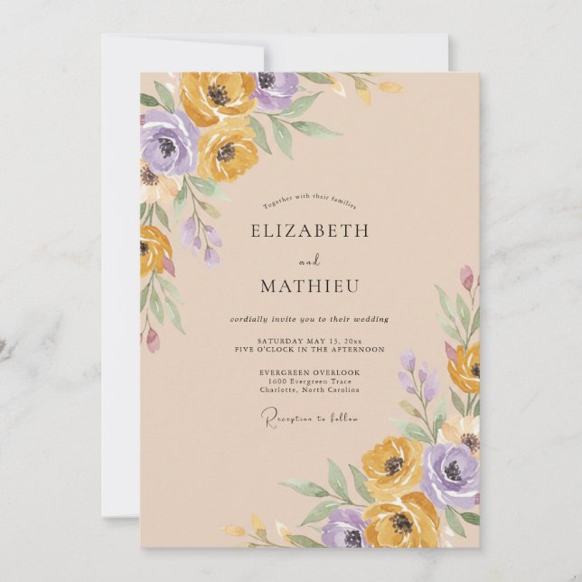 Convite Casamento Artístico Flor de Lavanda Amarela (Frente)