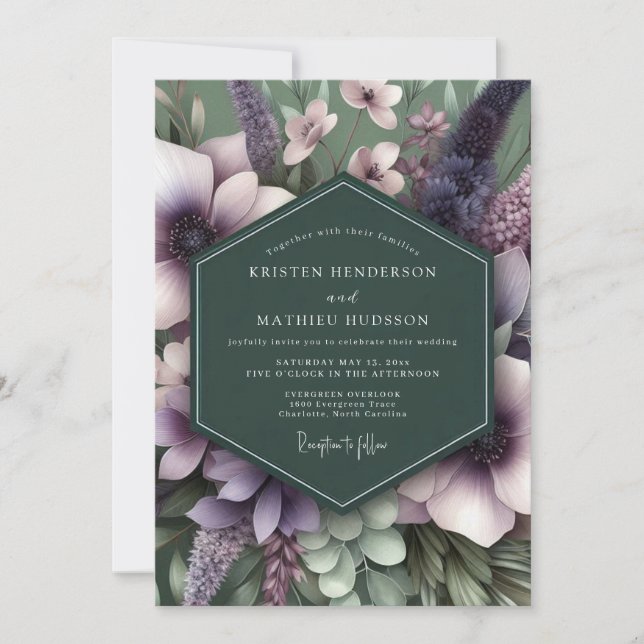 Convite Casamento Artístico Flora Esmeralda Roxa (Frente)