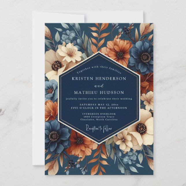 Convite Casamento Artístico Flora Navy Rust (Frente)
