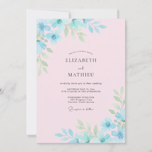 Convite Casamento Artístico Floral Azul Céu