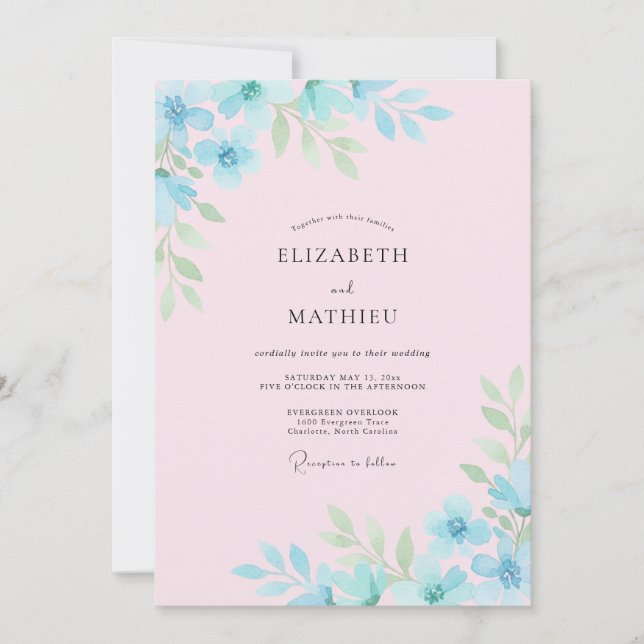 Convite Casamento Artístico Floral Azul Céu (Frente)
