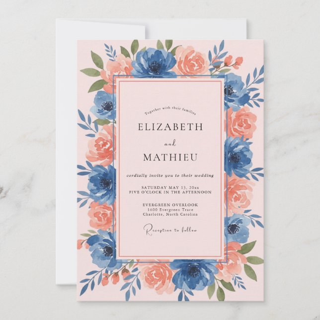 Convite Casamento Artístico Floral Azul Desbotado (Frente)