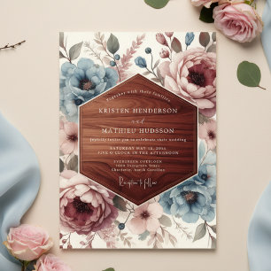 Convite Casamento Artístico Floral Azul Empoeirado
