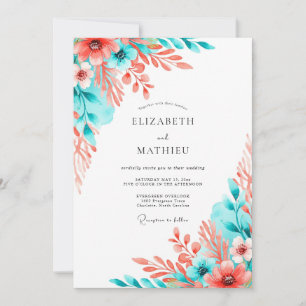 Convite Casamento Artístico Floral Coral Turquesa