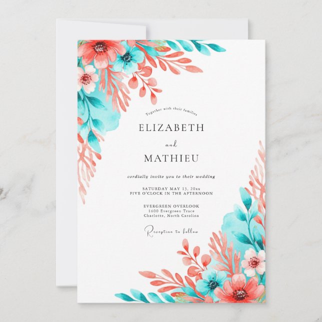 Convite Casamento Artístico Floral Coral Turquesa (Frente)